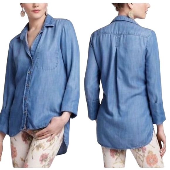 Anthropologie Elevenses Chambray Denim Tencel Blouse - Picture 1 of 6